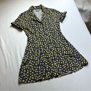 LHD navy blue yellow floral print short sleeve button up mini dress